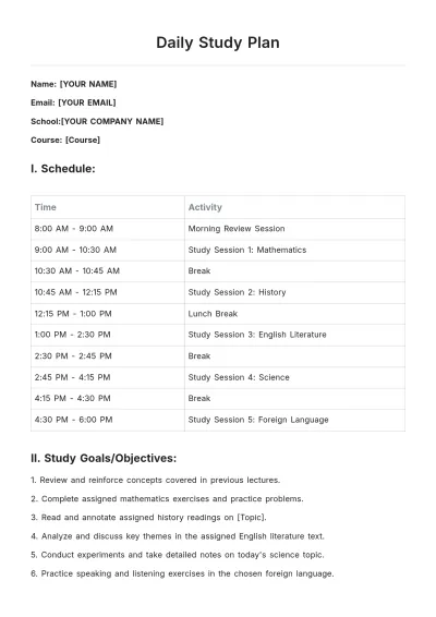 Free Daily Study Plan Template to Edit Online