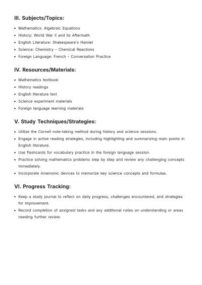 Free Daily Study Plan Template to Edit Online