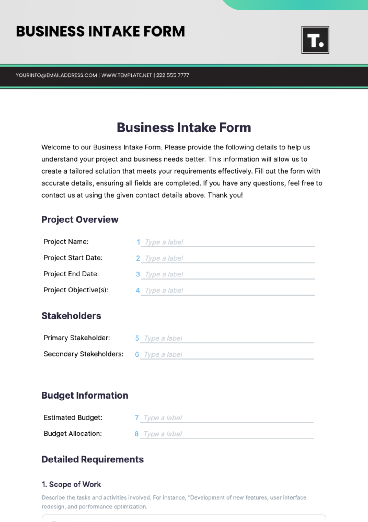 Business Intake Form Template