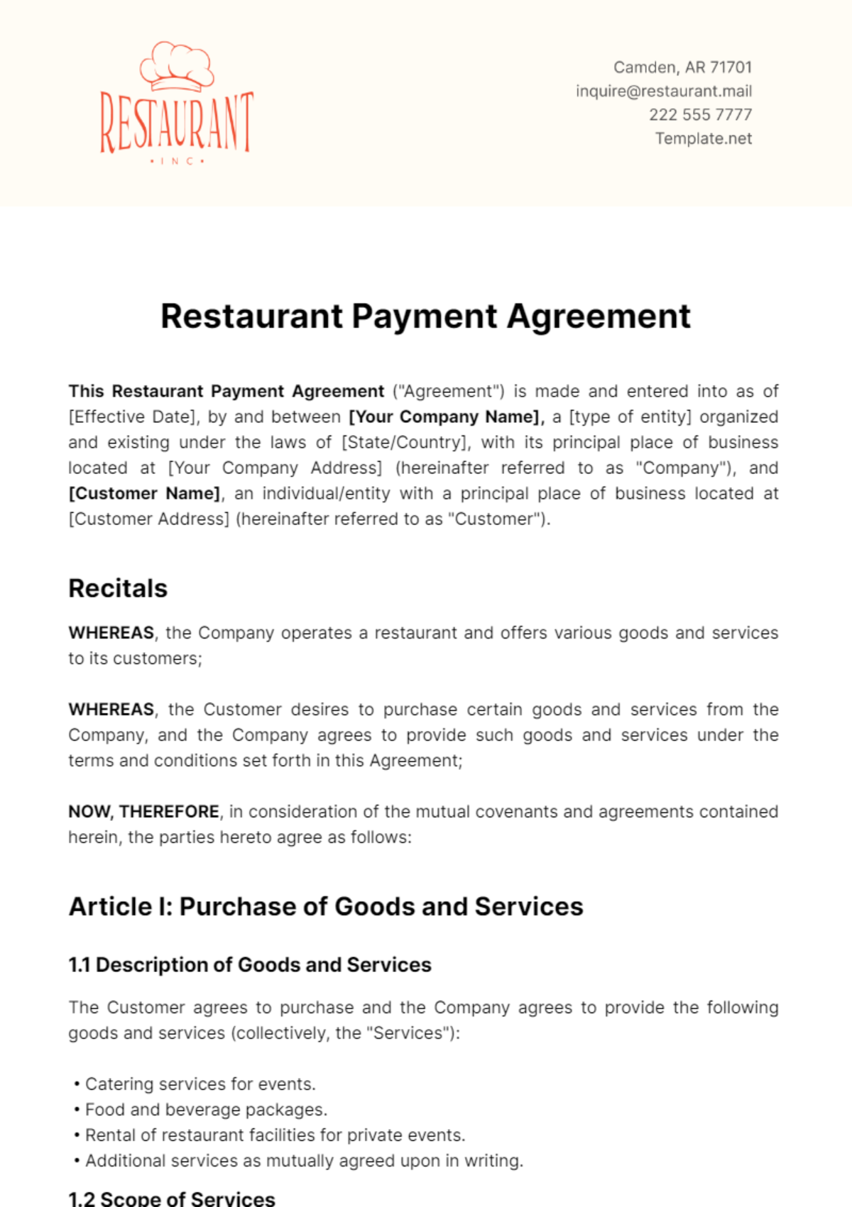 Restaurant Payment Agreement Template - Edit Online & Download