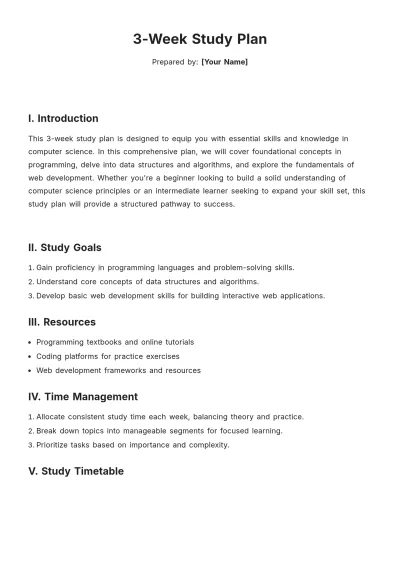 Free 3 Week Study Plan Template to Edit Online