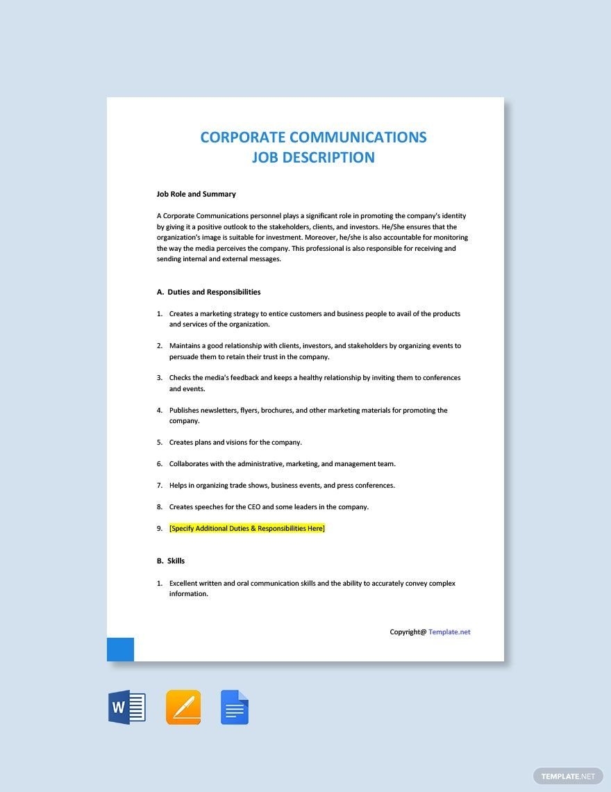Corporate Communications Job Description