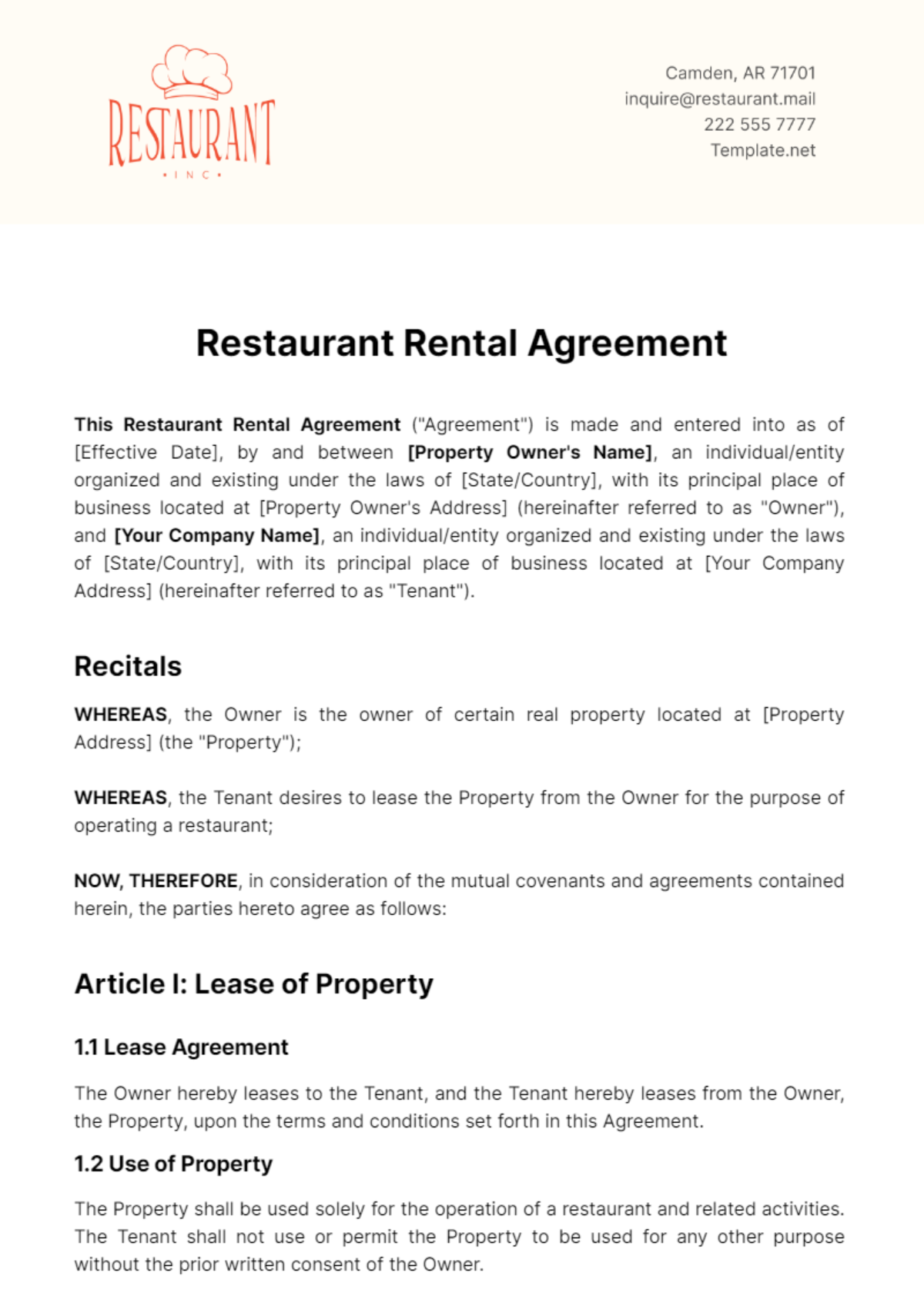 Restaurant Rental Agreement Template - Edit Online & Download