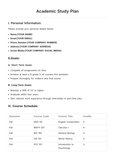 Free Academic Study Plan Template to Edit Online