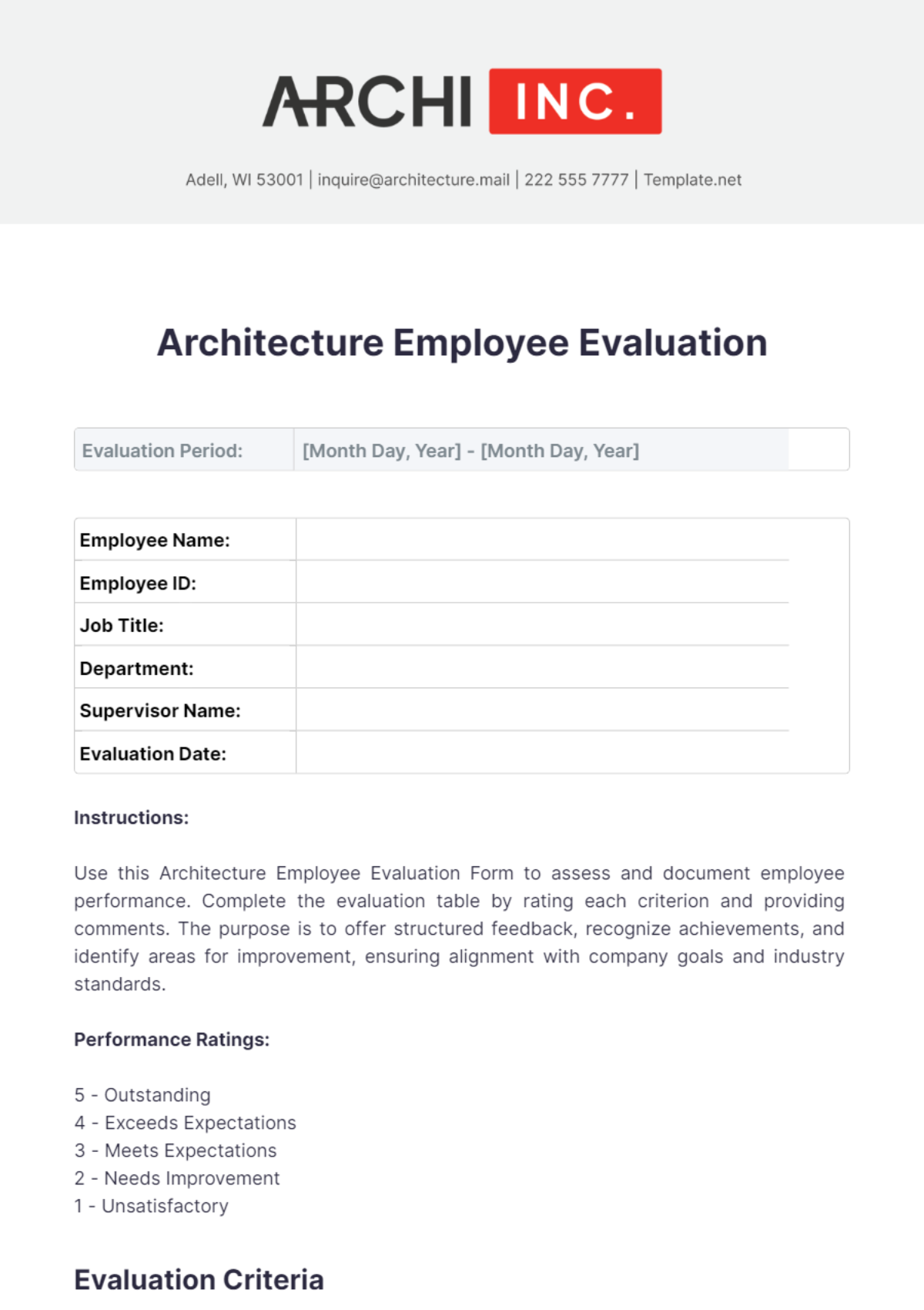 Architecture Employee Evaluation Template - Edit Online & Download