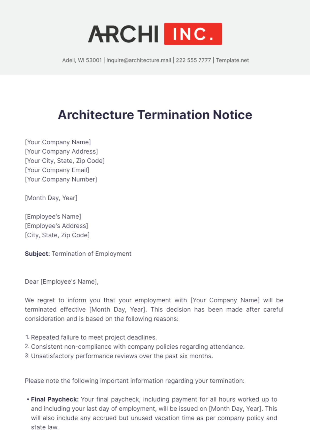Free Architecture Termination Notice Template