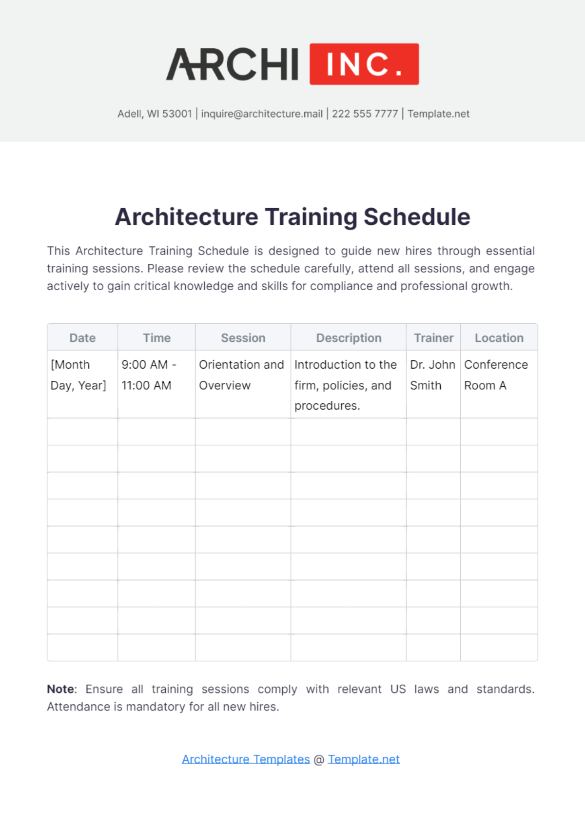 Architecture Training Schedule Template - Edit Online & Download