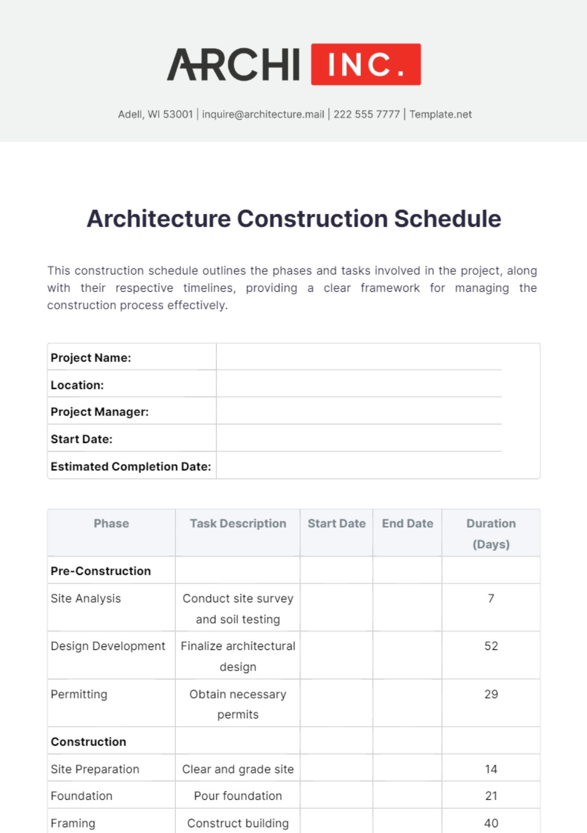 Architecture Construction Schedule Template - Edit Online & Download