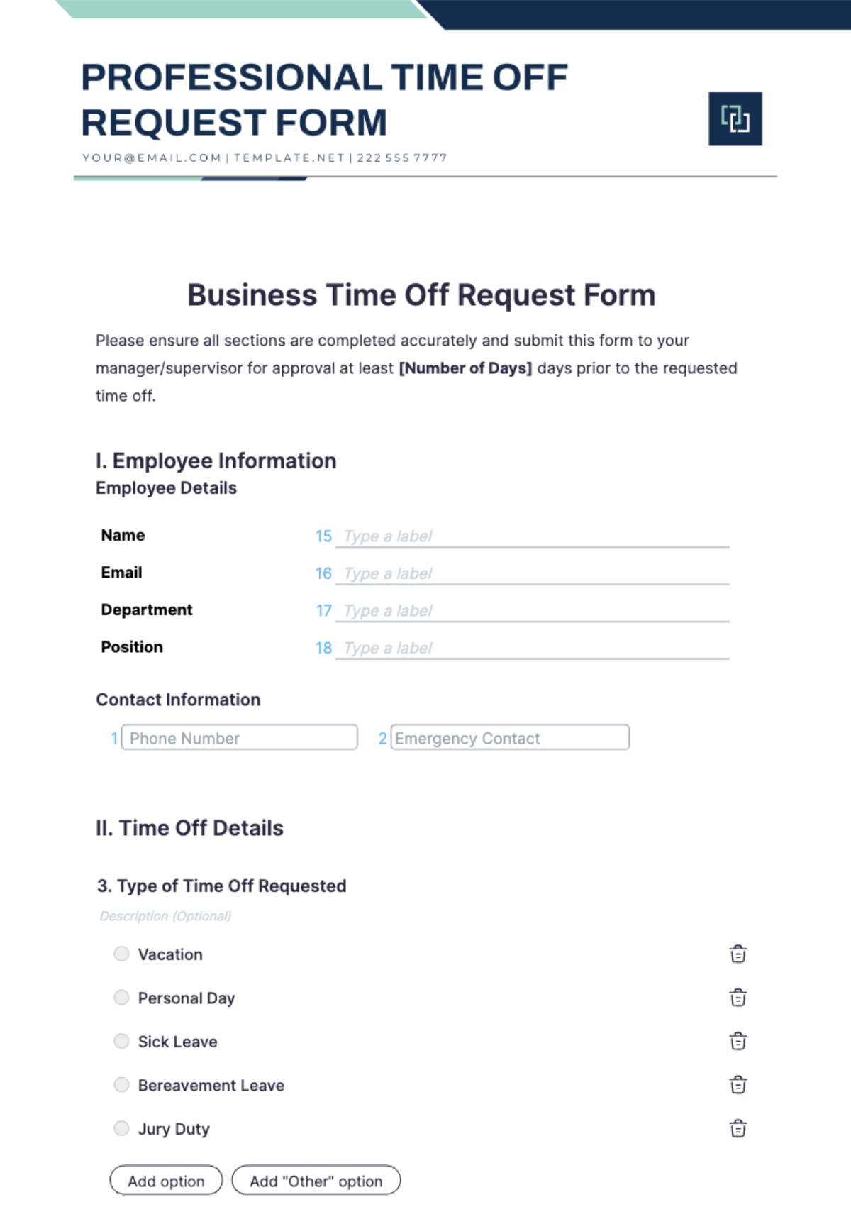 Business Time Off Request Form Template - Edit Online & Download