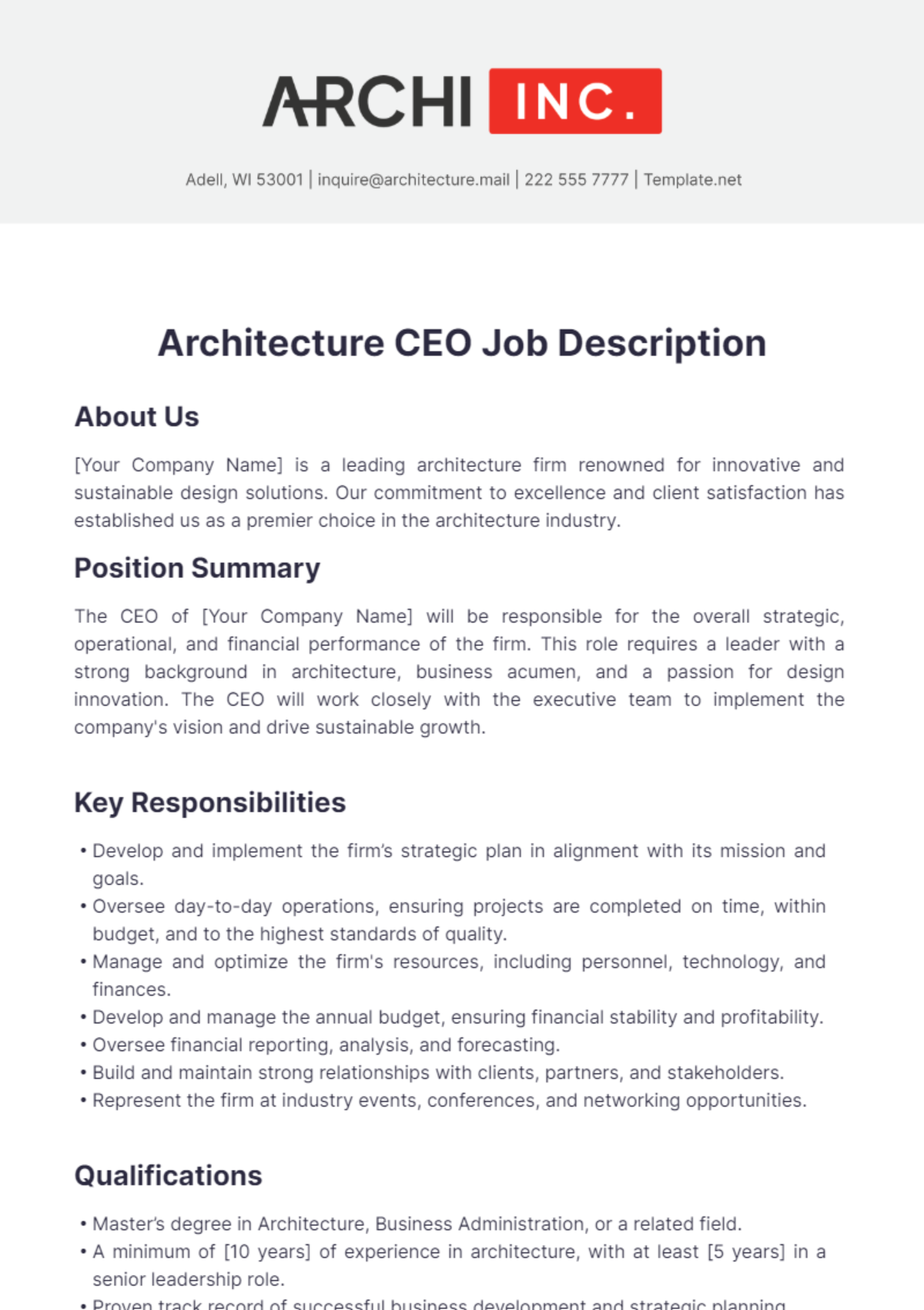 Architecture CEO Job Description Template - Edit Online & Download