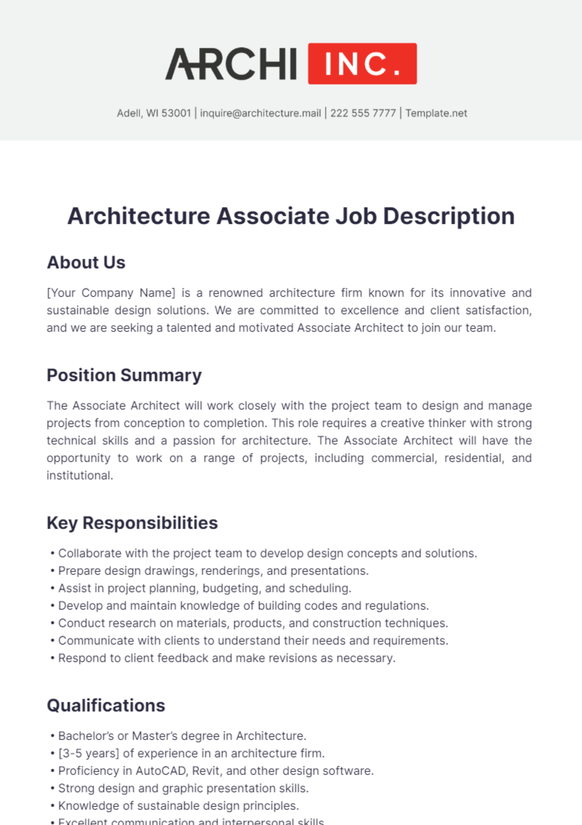 Architecture Associate Job Description Template - Edit Online & Download