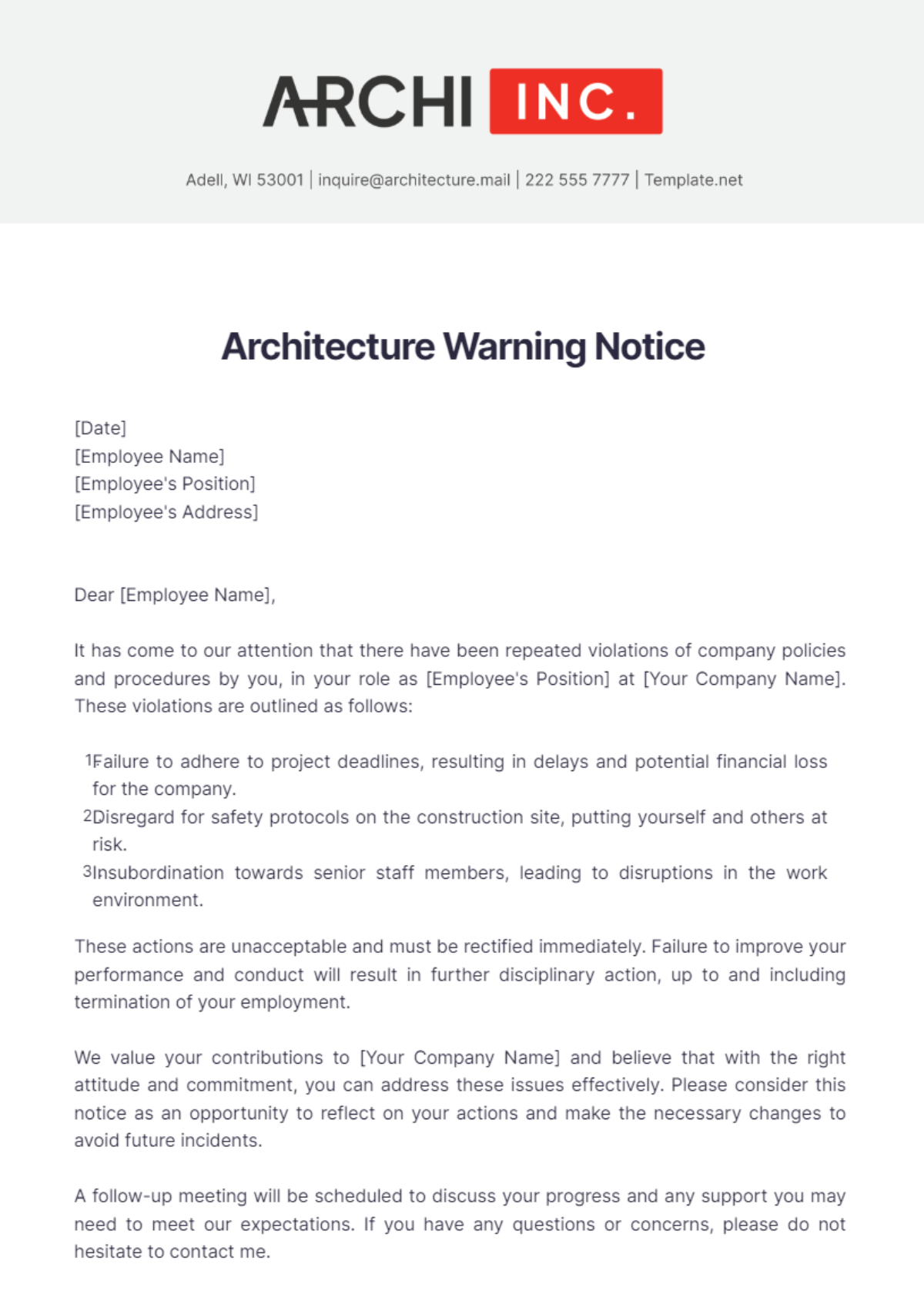 Free Architecture Warning Notice Template