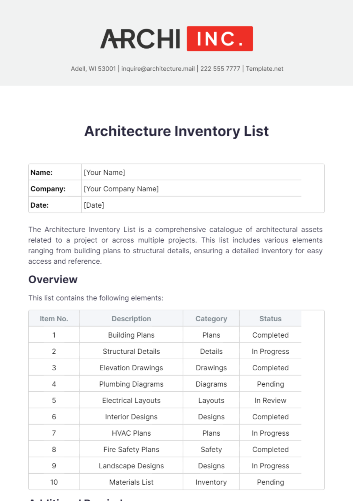 Architecture Inventory List Template - Edit Online & Download