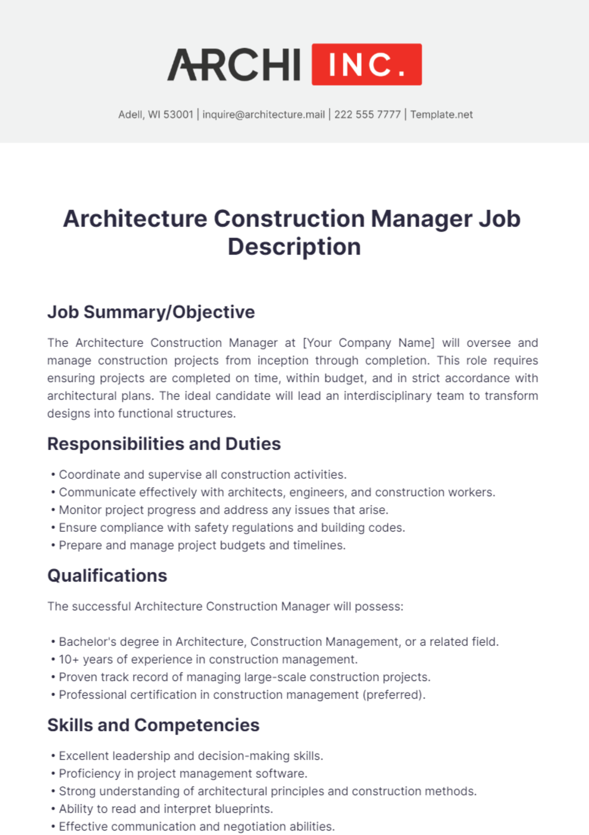 Architecture Construction Manager Job Description Template - Edit Online & Download