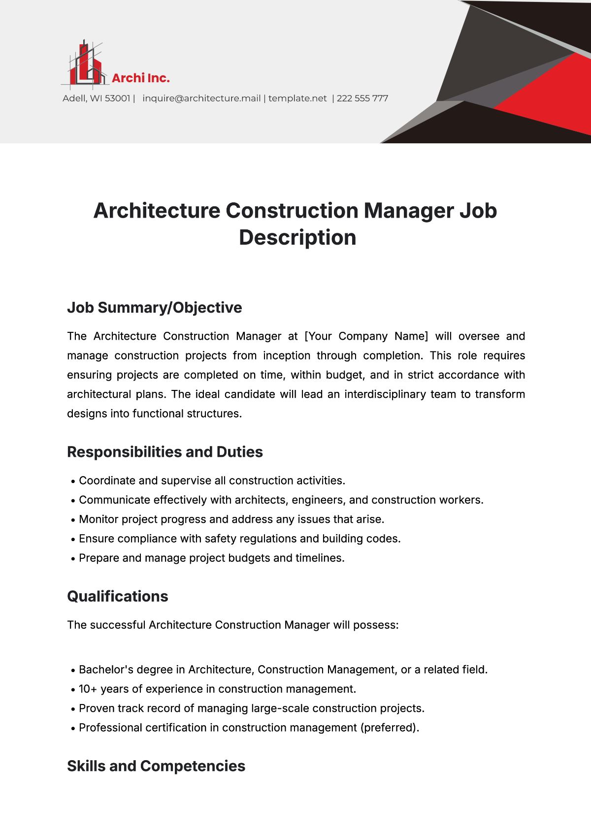 Free Architecture Construction Manager Job Description Template