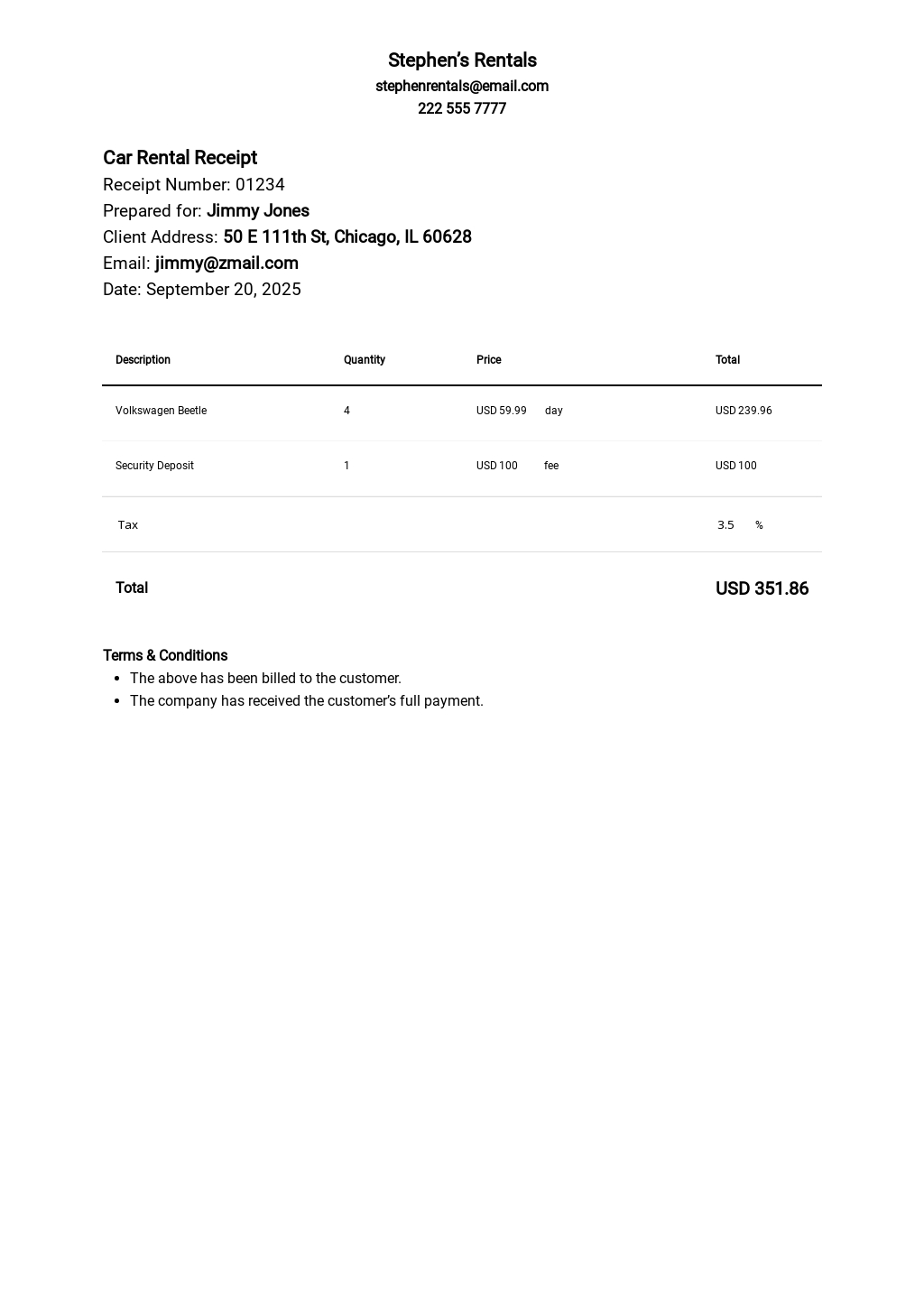 Simple Car Rental Receipt Template [Free PDF] Google Docs, Google