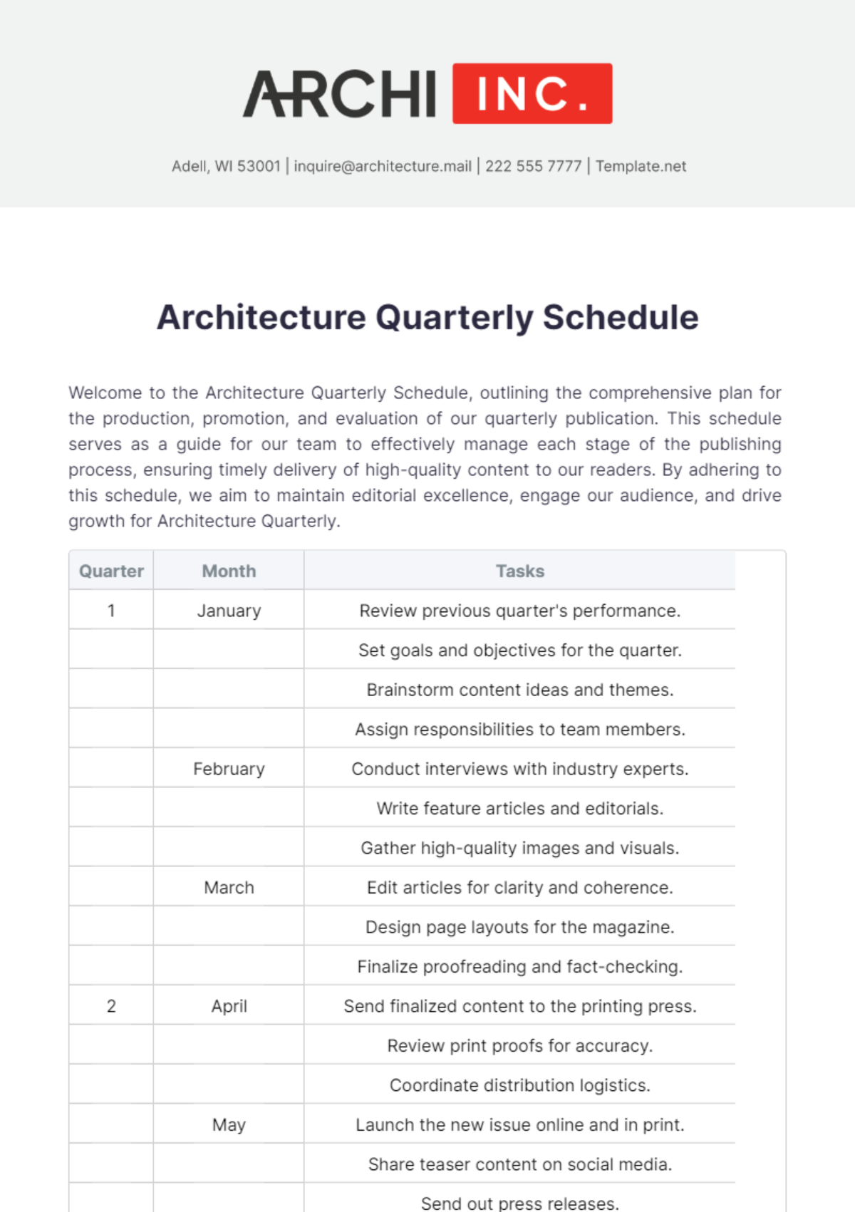 Architecture Quarterly Schedule Template - Edit Online & Download