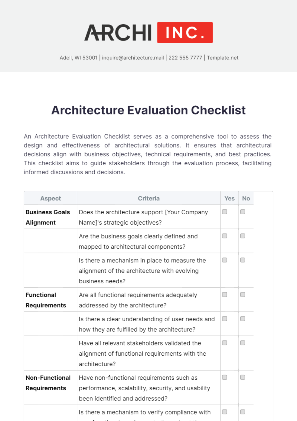 Architecture Evaluation Checklist Template - Edit Online & Download