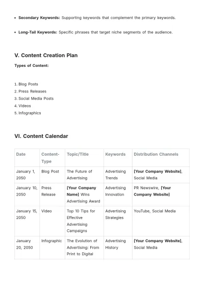 Free SEO PR Content Strategy Plan Template to Edit Online
