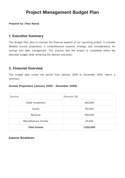 Free Project Management Budget Plan Template to Edit Online