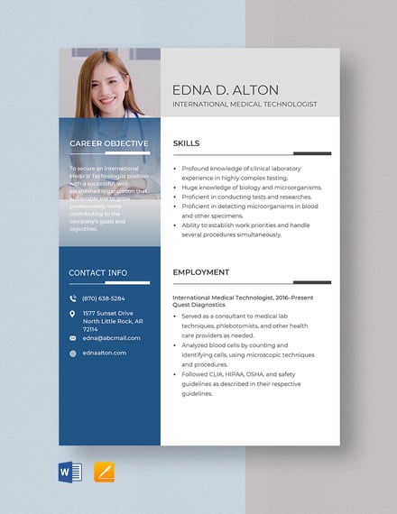 Free International Medical Technologist Resume Template - Word, Apple Pages