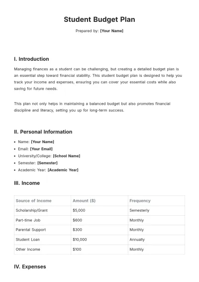 Free Student Budget Plan Template to Edit Online