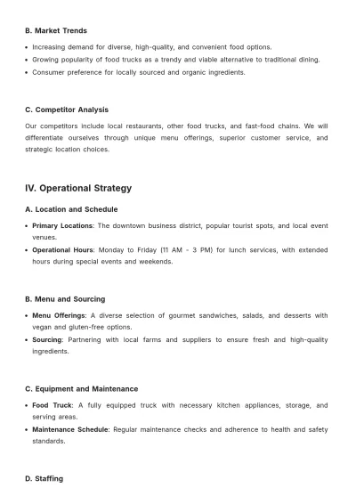 Free Food Truck Operational Plan Template to Edit Online