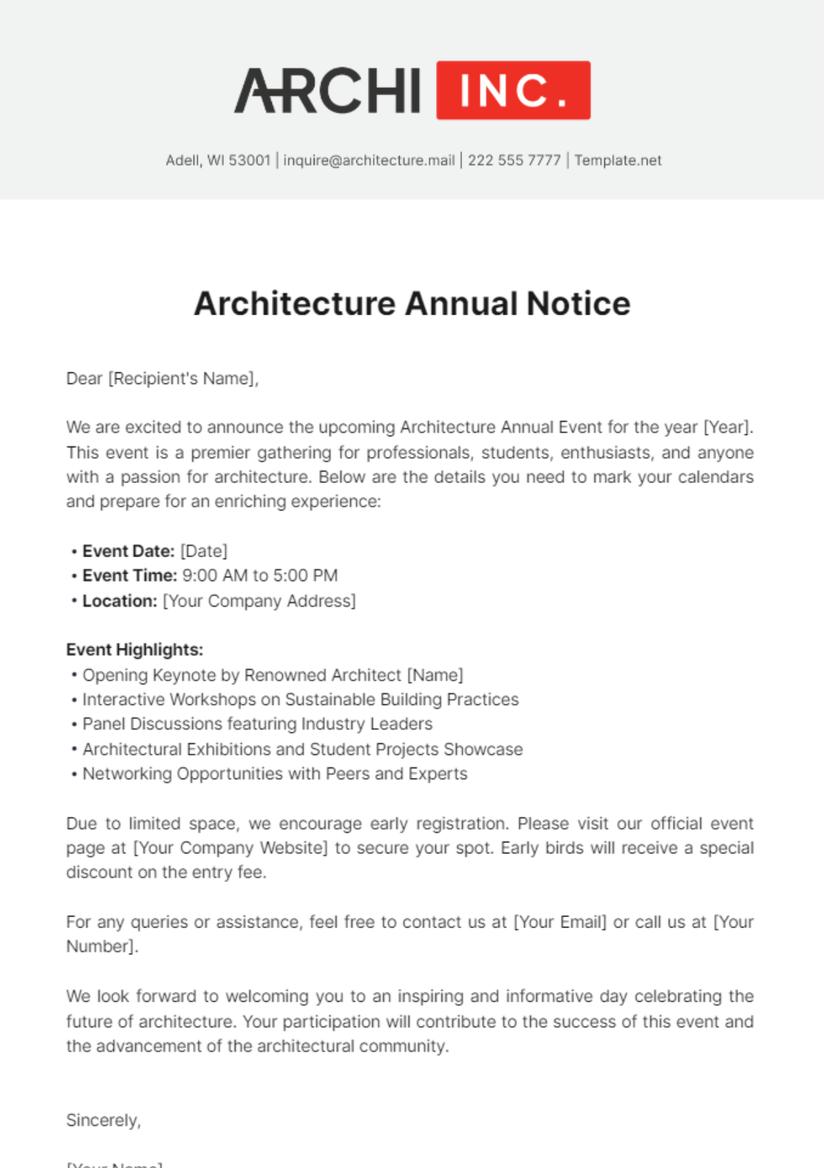 Free Architecture Annual Notice Template