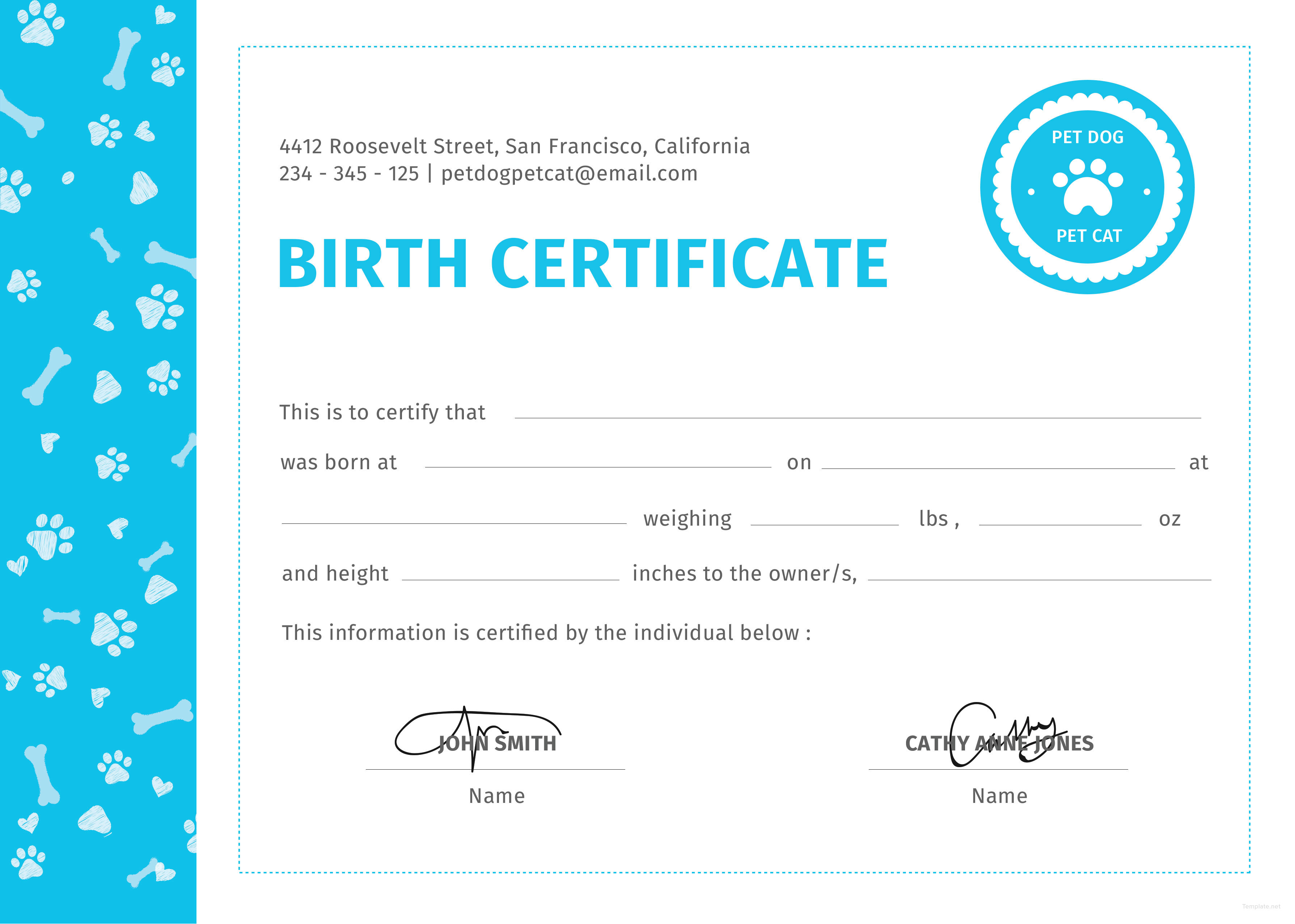Free Pet Birth Certificate Template in PSD, MS Word, Publisher