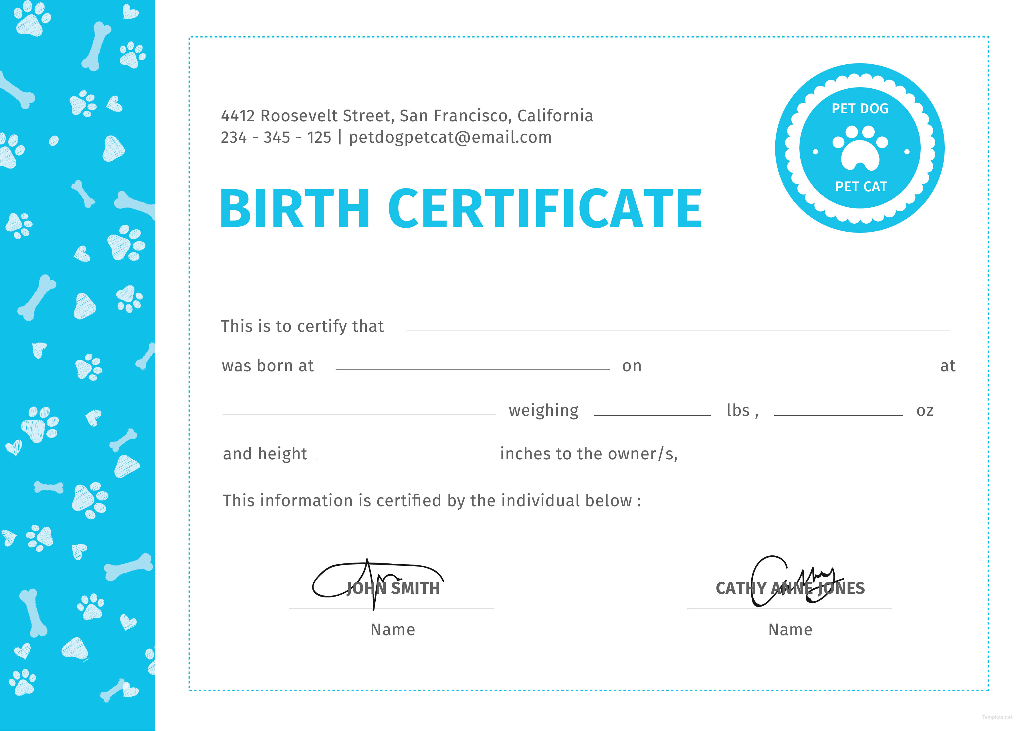 Free Printable Pet Birth Certificate Templates Printable Templates