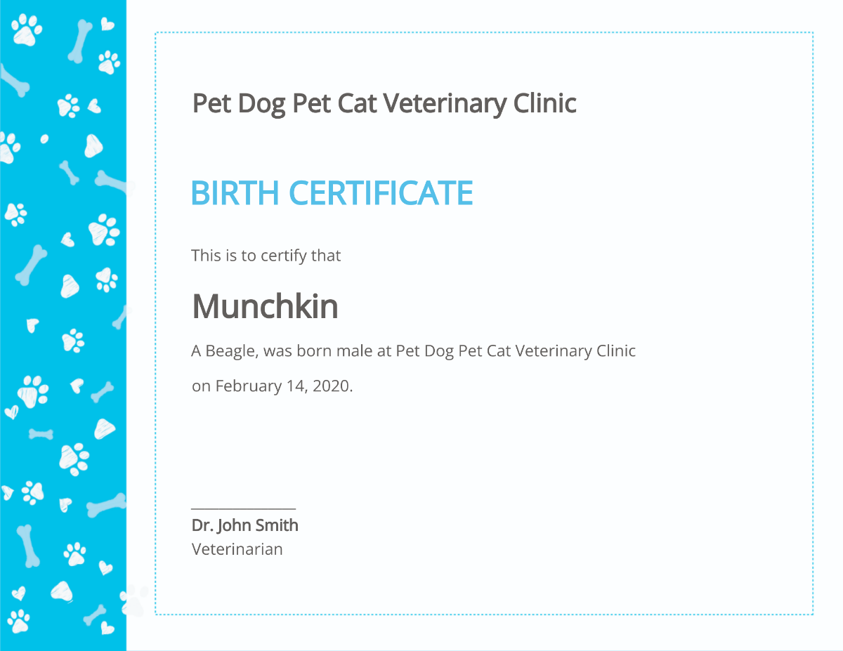 Sample Pet Birth Certificate Template
