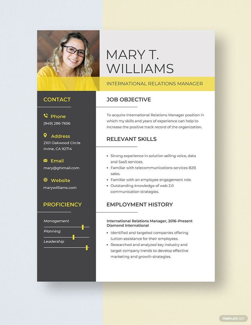 International Relations Manager Resume In Pages Word Download 