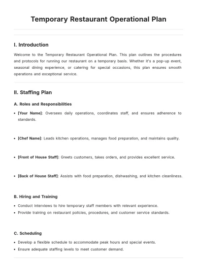 Free Temporary Restaurant Operational Plan Template to Edit Online
