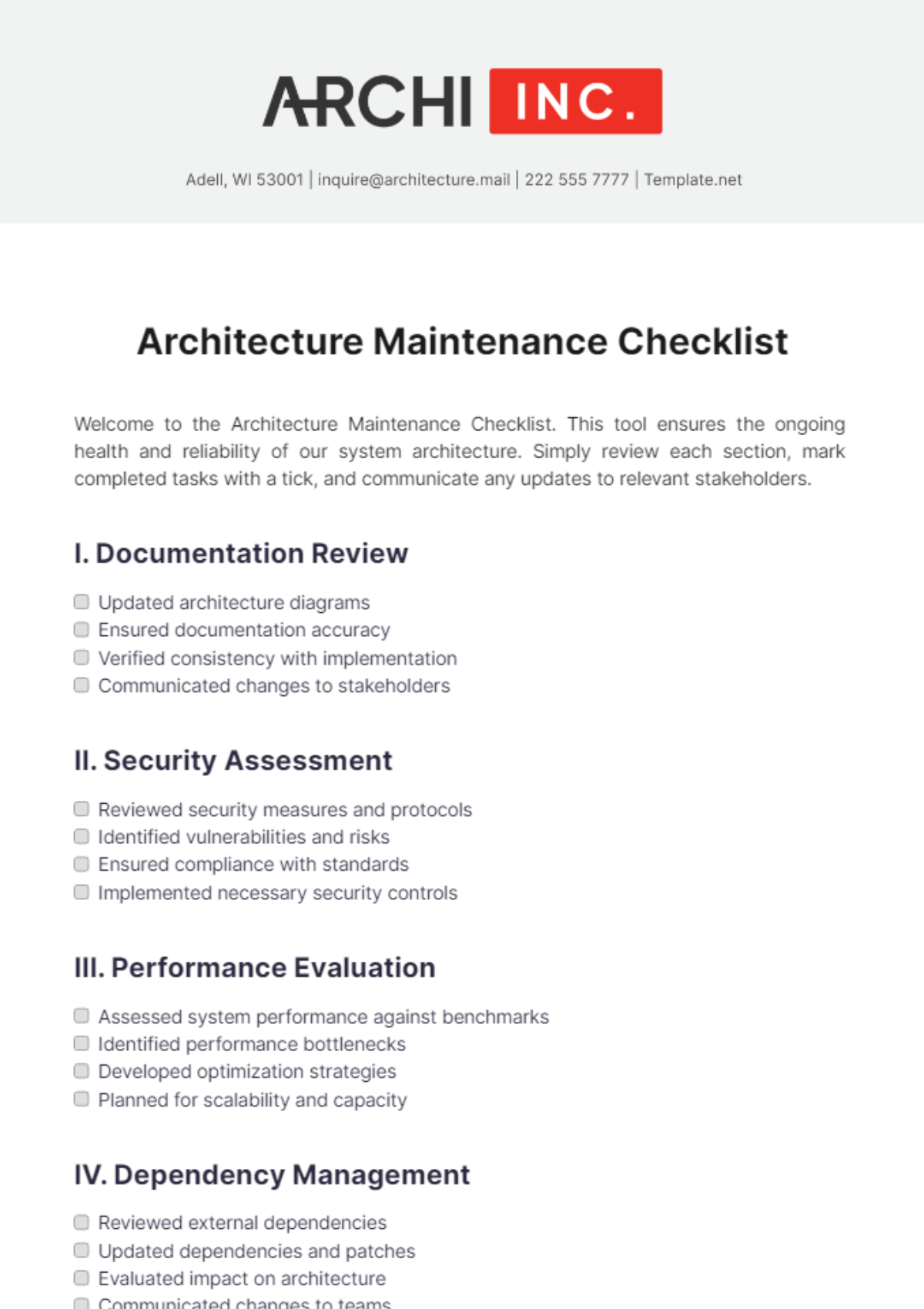 Architecture Maintenance Checklist Template - Edit Online & Download