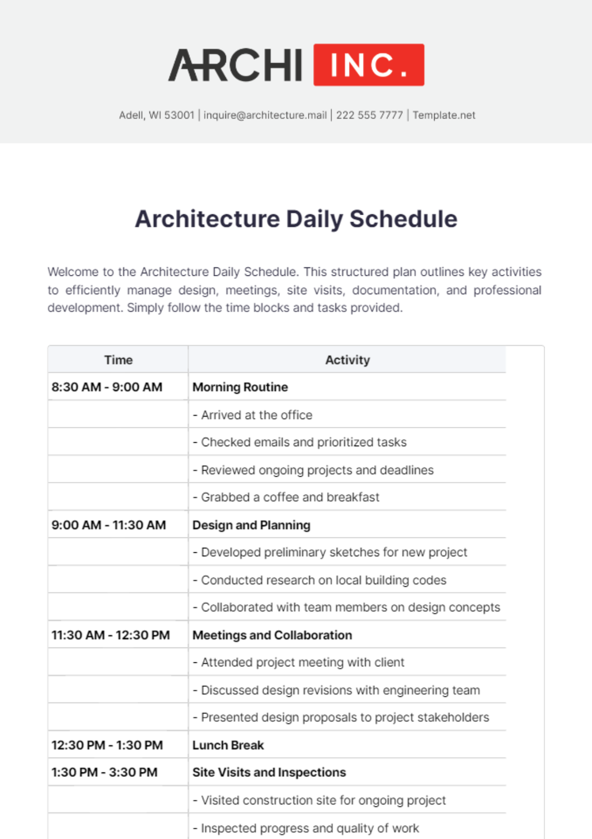 Architecture Daily Schedule Template - Edit Online & Download