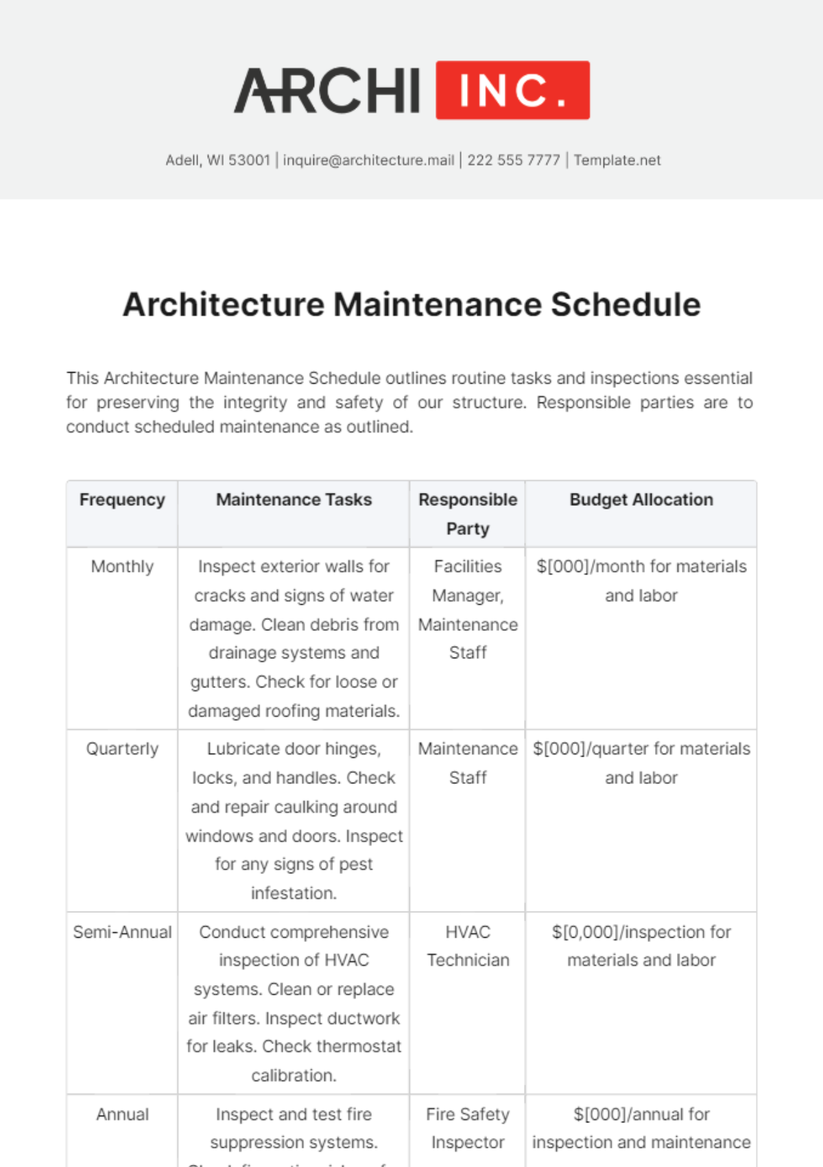 Architecture Maintenance Schedule Template - Edit Online & Download