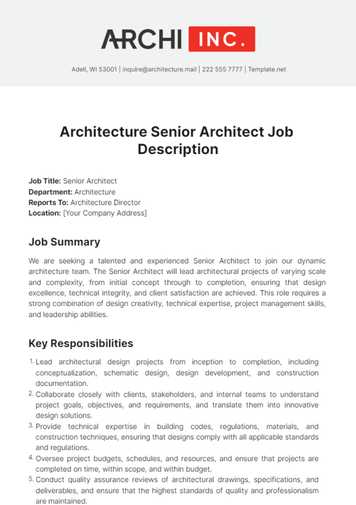 Architecture Senior Architect Job Description Template - Edit Online & Download