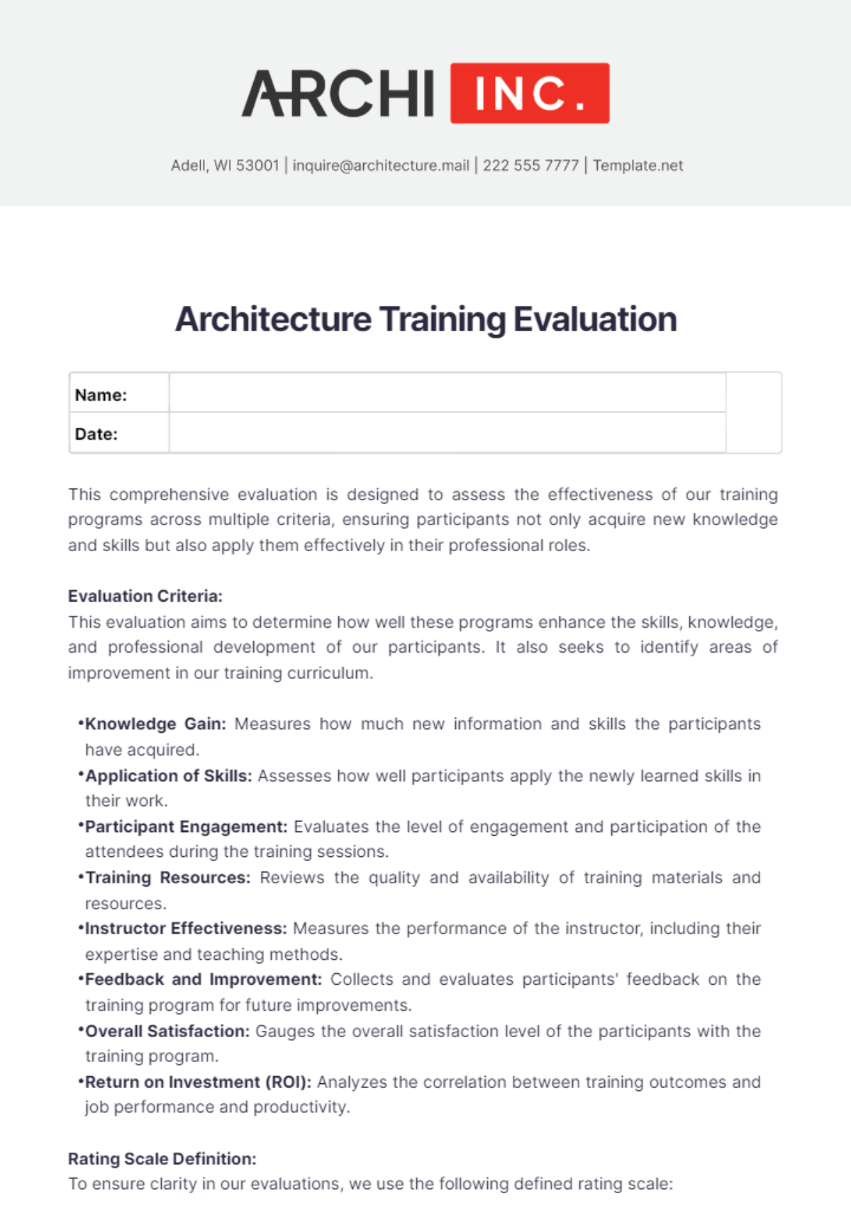 Architecture Training Evaluation Template - Edit Online & Download