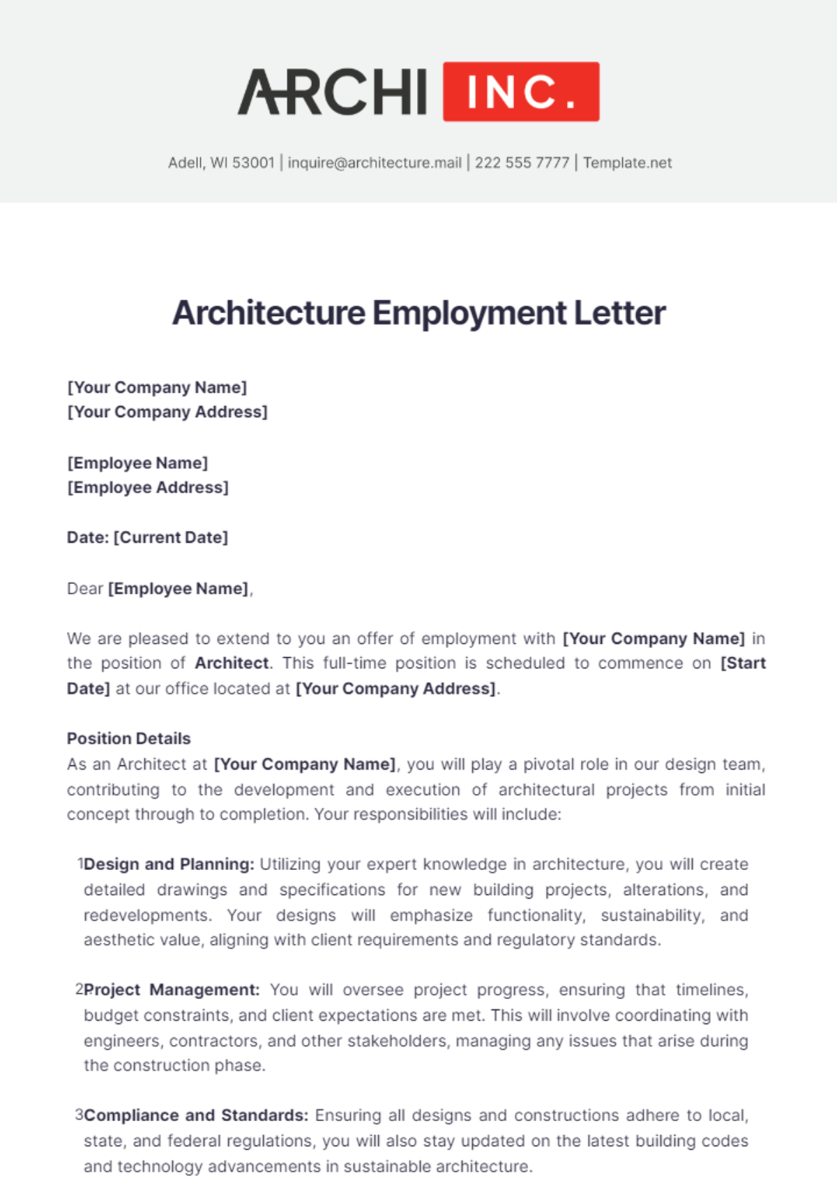 Architecture Employment Letter Template - Edit Online & Download