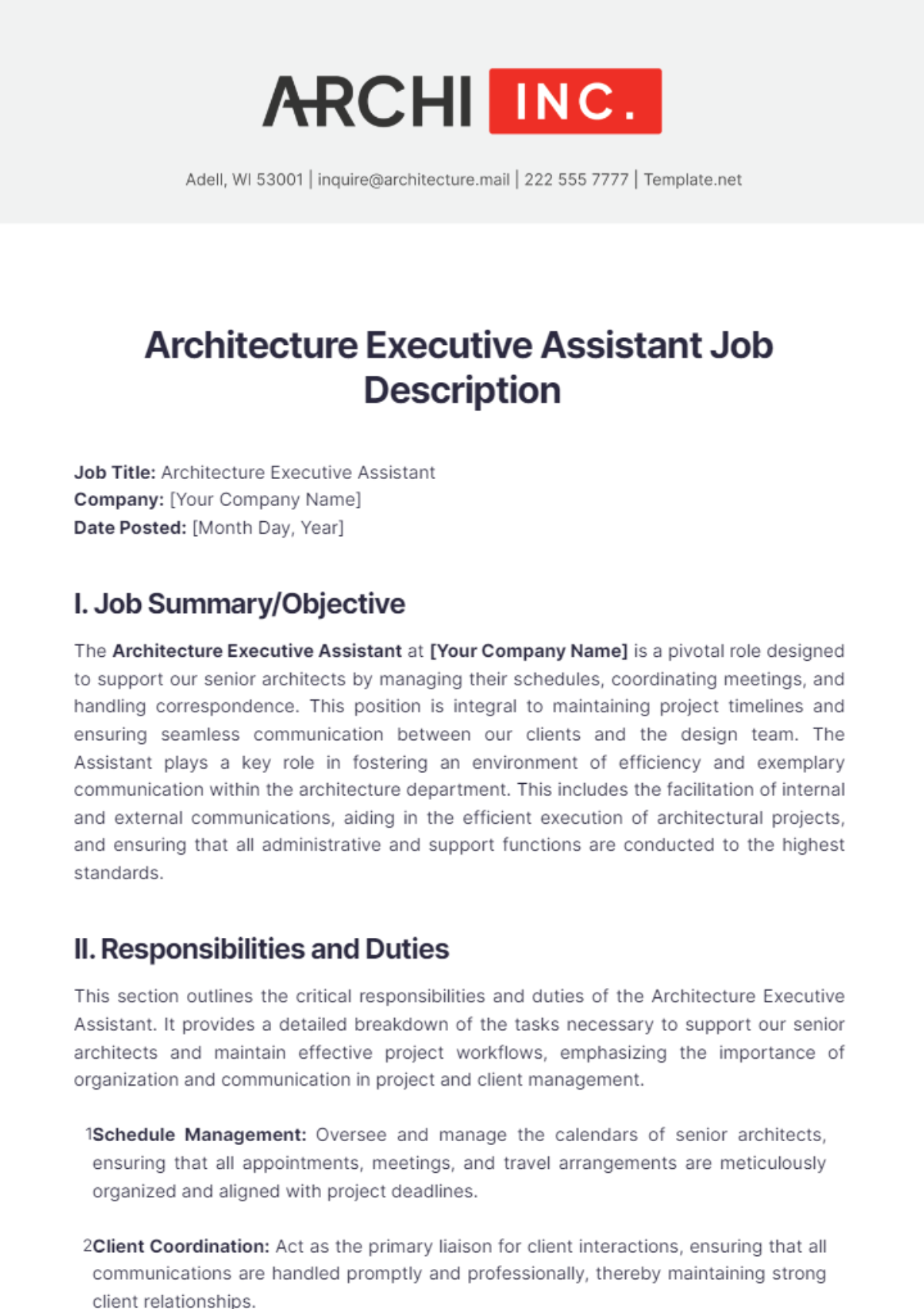 Architecture Executive Assistant Job Description Template - Edit Online & Download