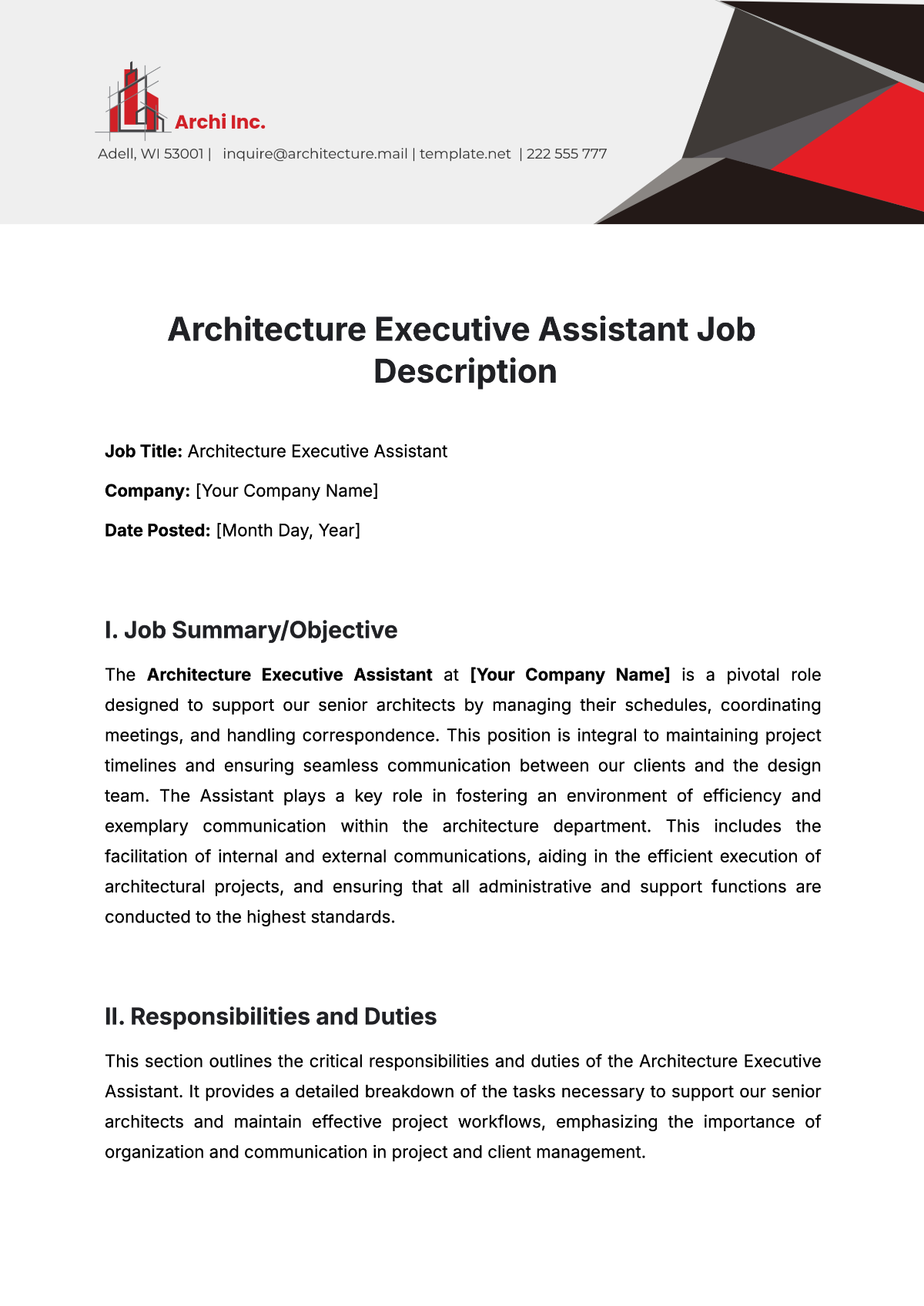 Free Architecture Executive Assistant Job Description Template