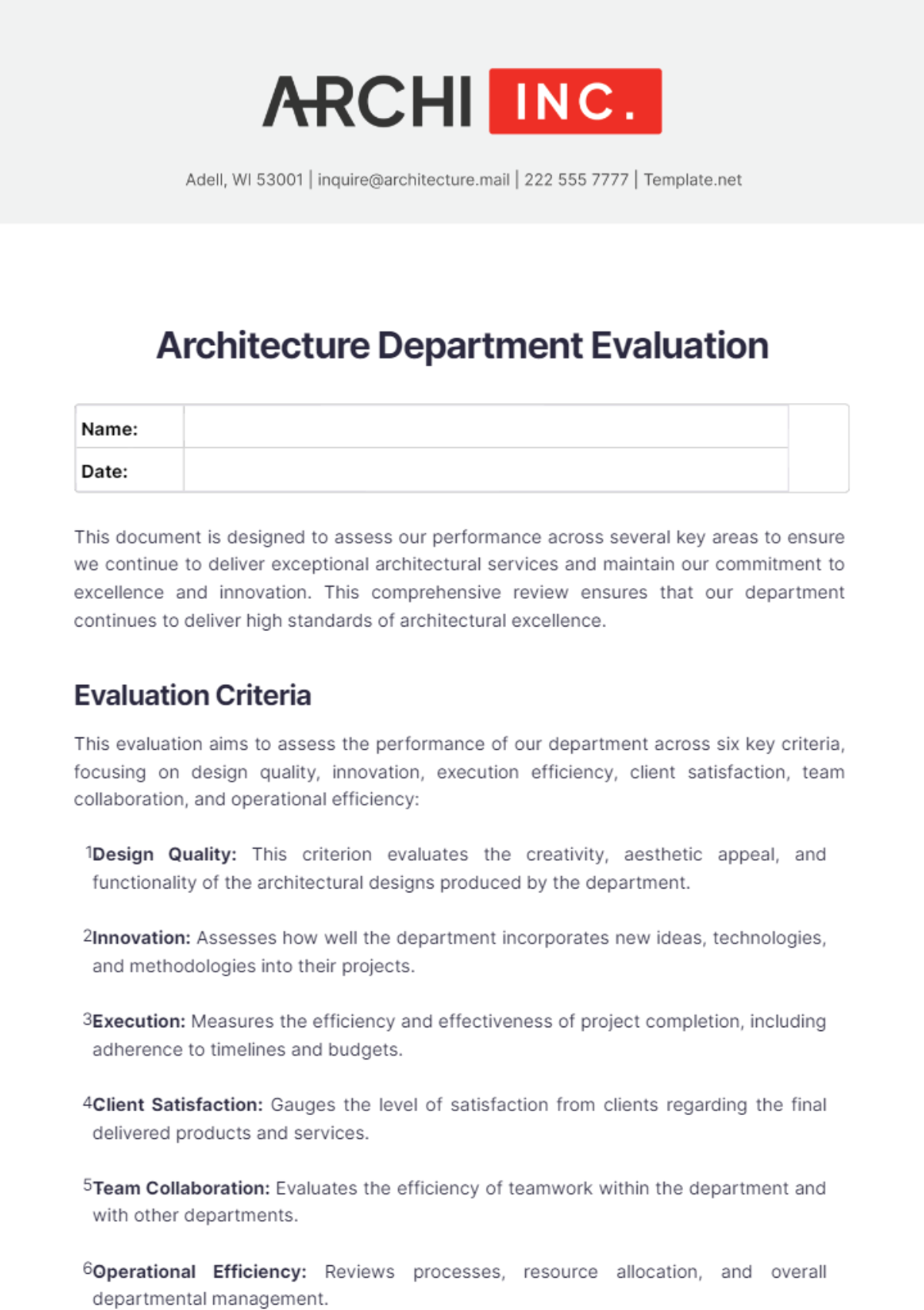 Architecture Department Evaluation Template - Edit Online & Download