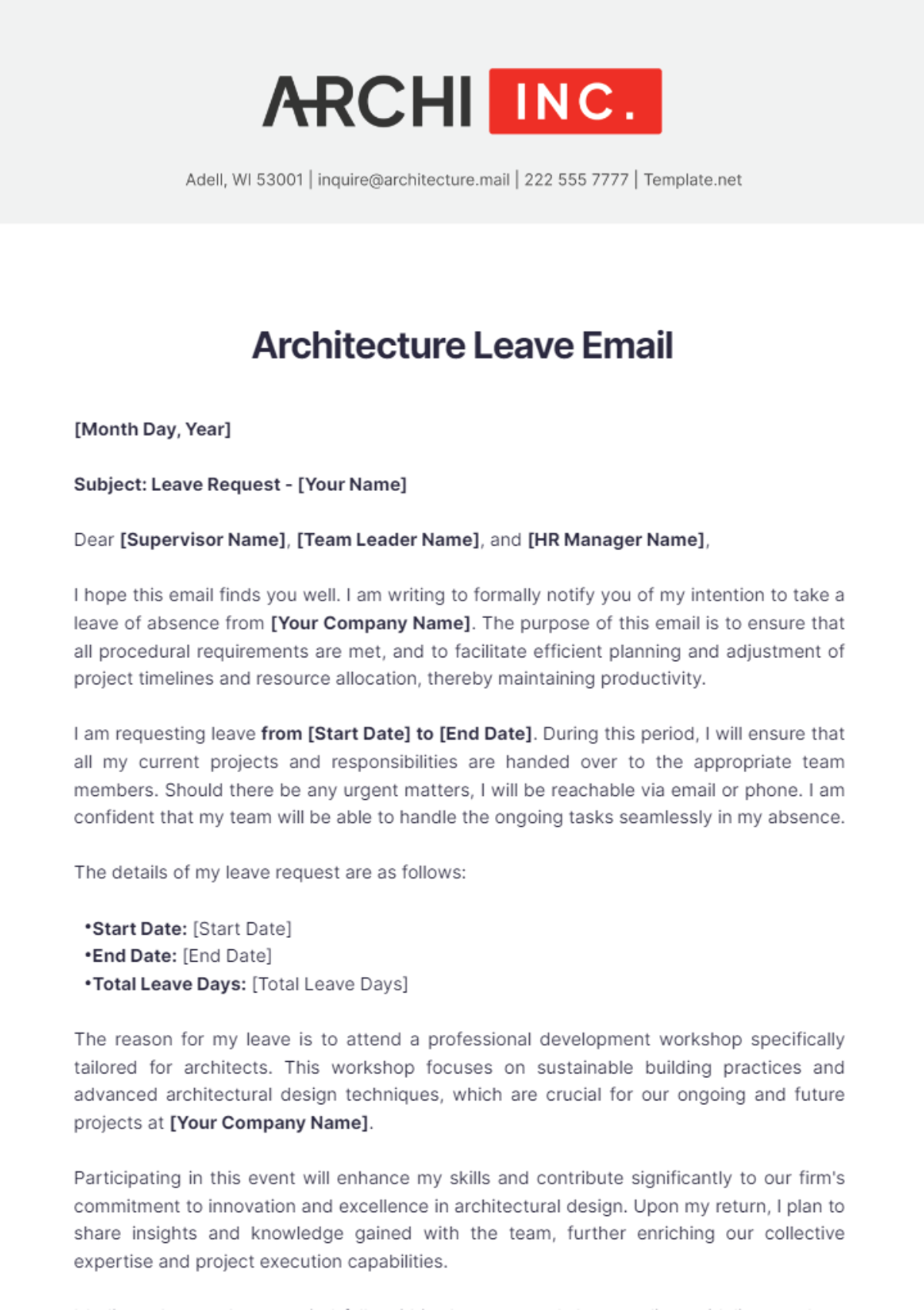 Architecture Leave Email Template - Edit Online & Download