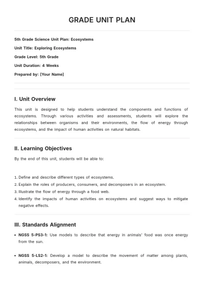Free Grade Unit Plan Template to Edit Online