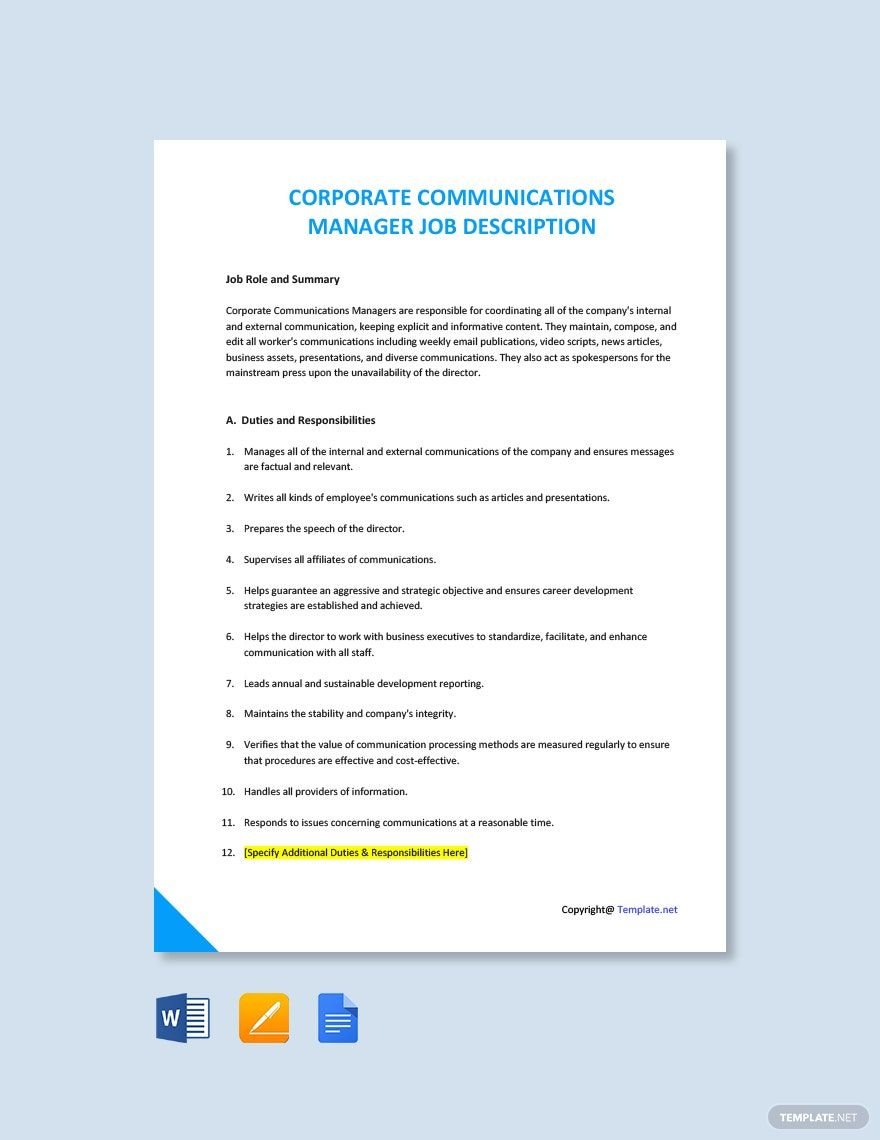 Corporate Communications Manager Job Description