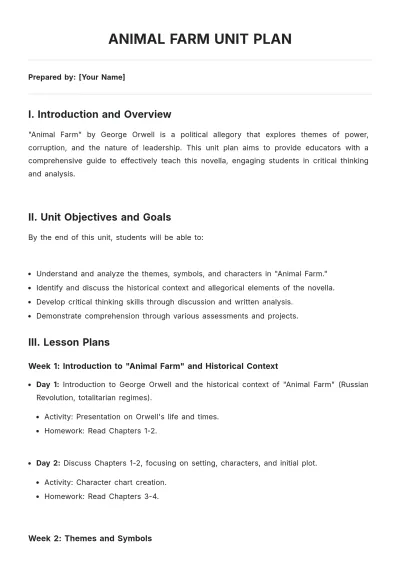 Free Animal Farm Unit Plan Template to Edit Online