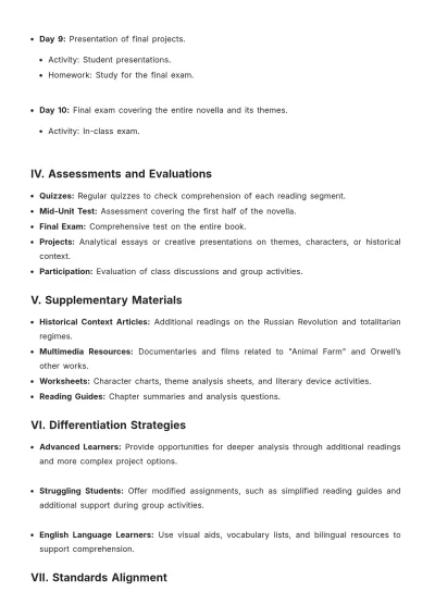 Free Animal Farm Unit Plan Template to Edit Online