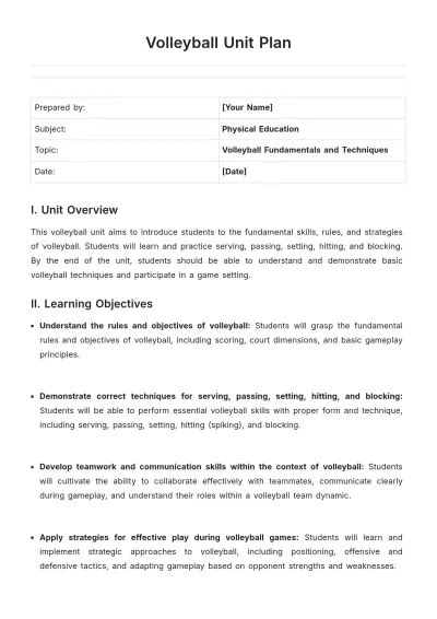 Free Volleyball Unit Plan Template to Edit Online