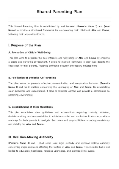 Free Shared Parenting Plan Template to Edit Online