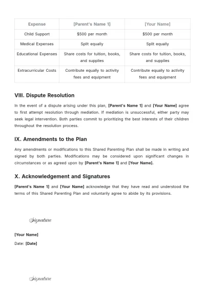 Free Shared Parenting Plan Template to Edit Online